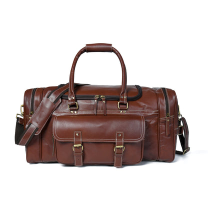 Vintage brown buffalo leather duffle bag with brass buckles and exterior pockets, view 3