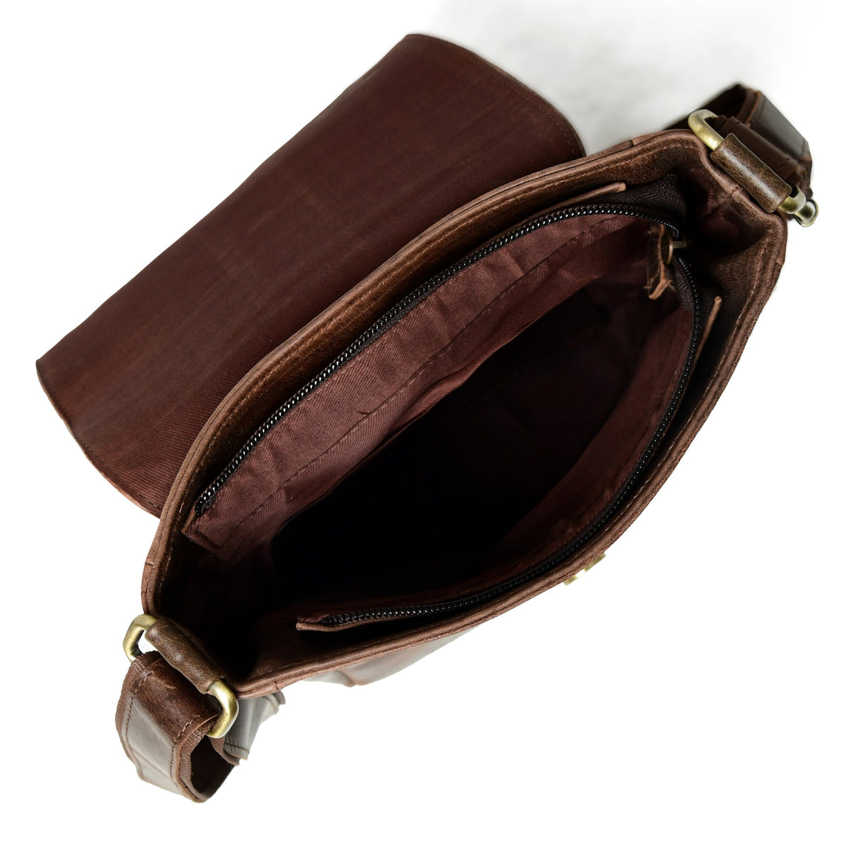 Dark brown buffalo leather messenger bag with large front flap, view 3