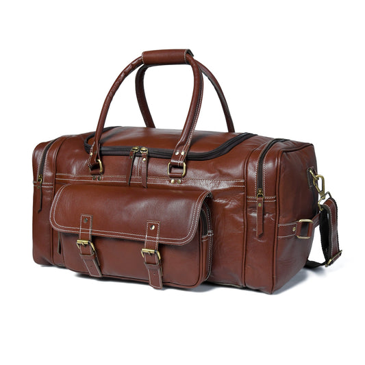 Vintage brown buffalo leather duffle bag with brass buckles and exterior pockets