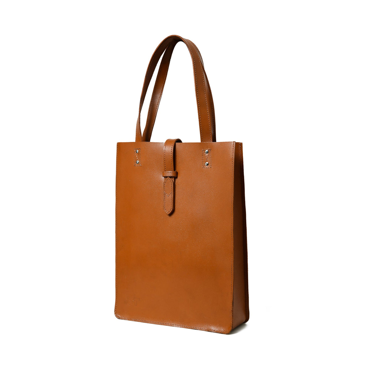 Chestnut brown buffalo leather shopper tote with two top handles, view 2