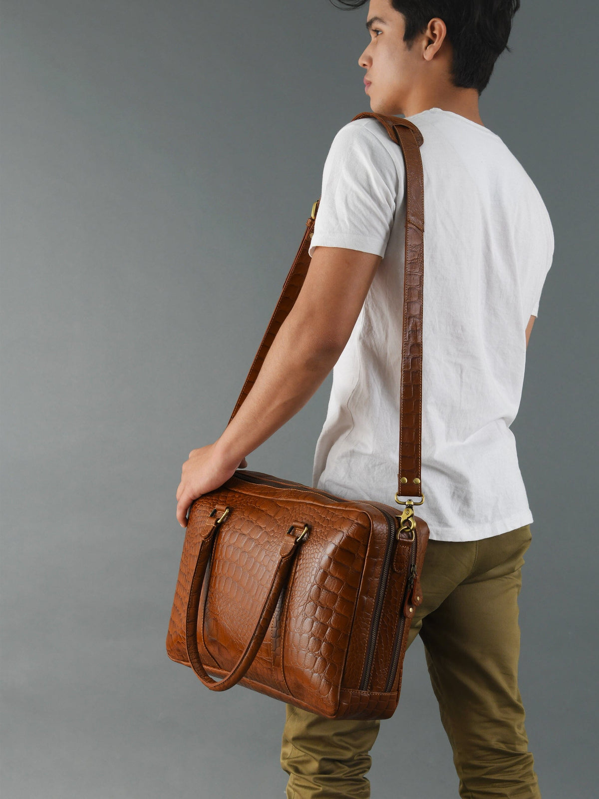 Brown Croc-Pattern Briefcase by Classy Leather Bags