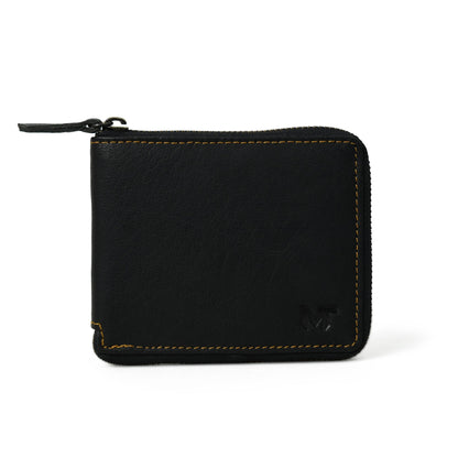 Black leather bifold wallet with zip coin pocket