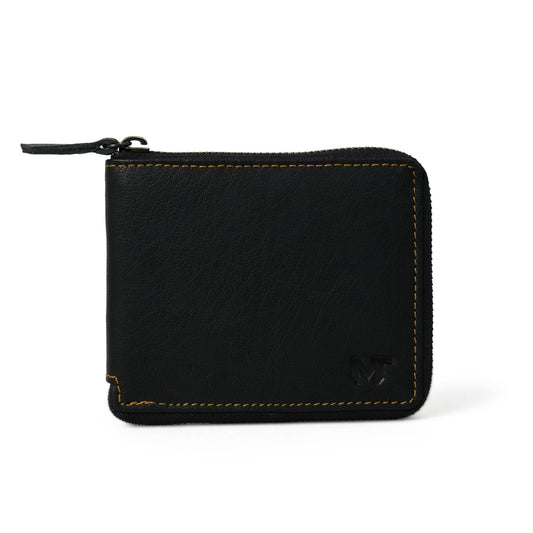 Black leather bifold wallet with zip coin pocket