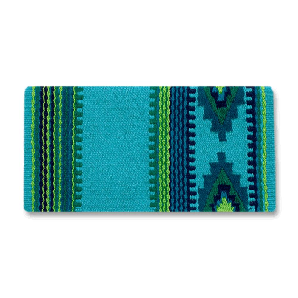 Turquoise, ocean blue and lime green patterned wool saddle blanket