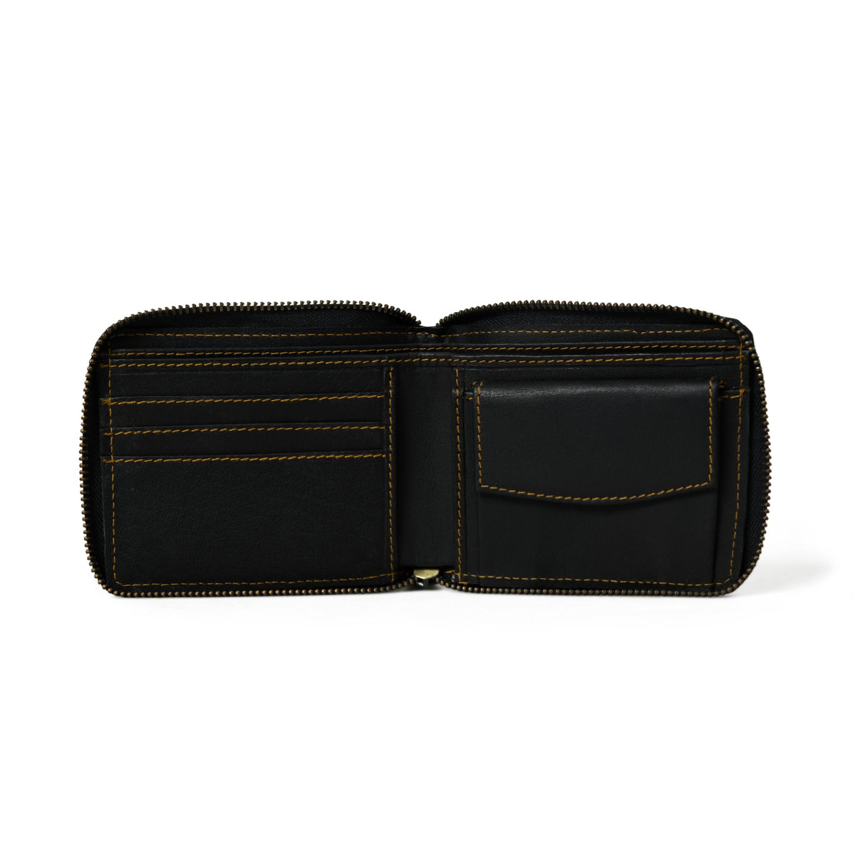 Black leather bifold wallet with zip coin pocket, view 2