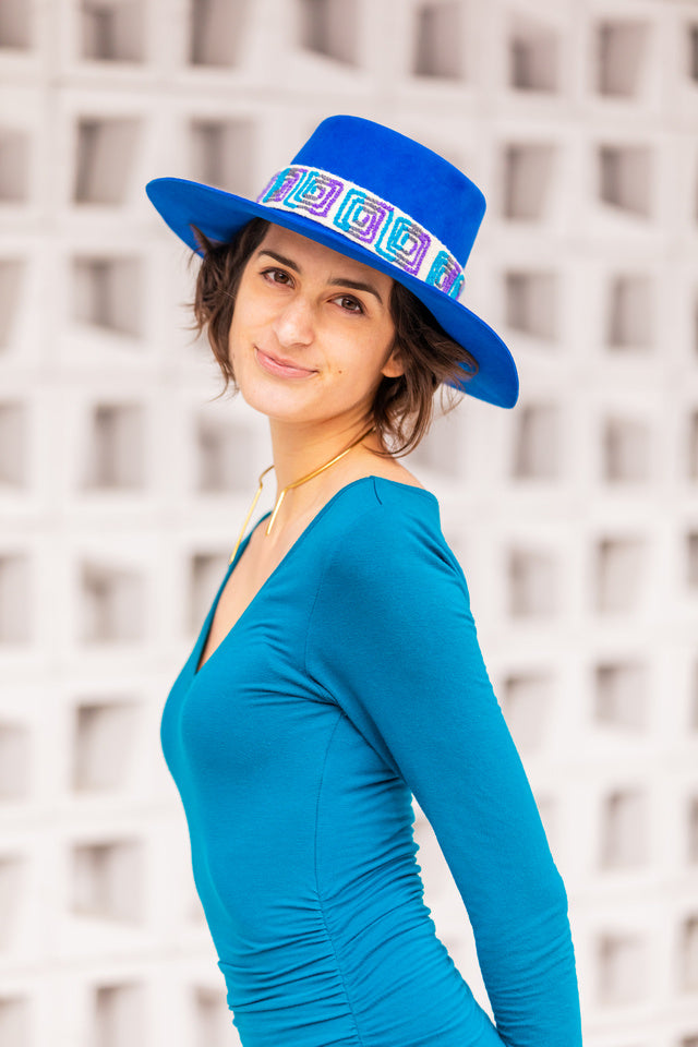 Electric blue alpaca wool felt bucket hat with a woven textile band, view 2