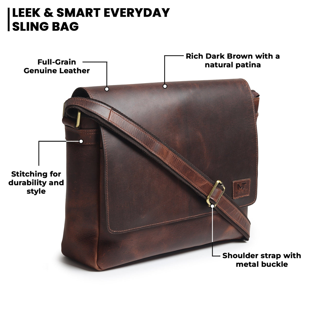 Dark brown buffalo leather laptop messenger bag with flap and shoulder strap, view 4