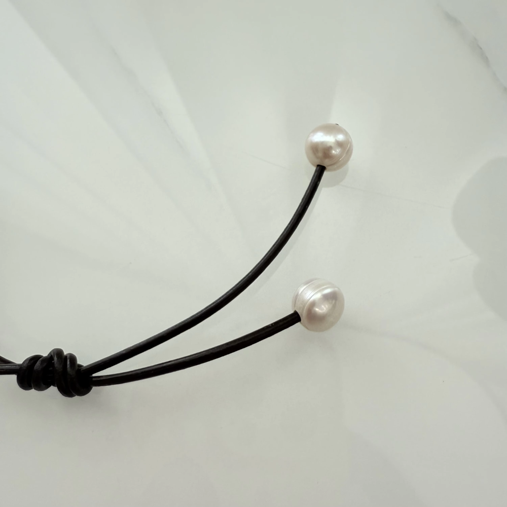 Dark brown leather necklace with spaced freshwater pearls, view 4