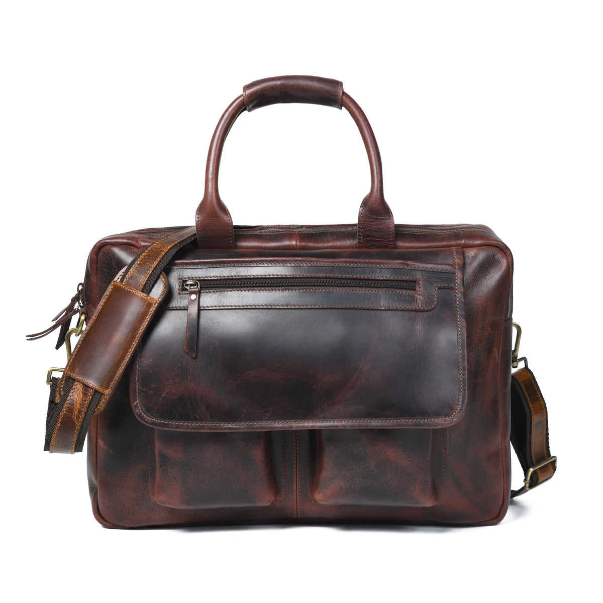 Buffalo leather pilot briefcase with top handle and front pockets, view 2
