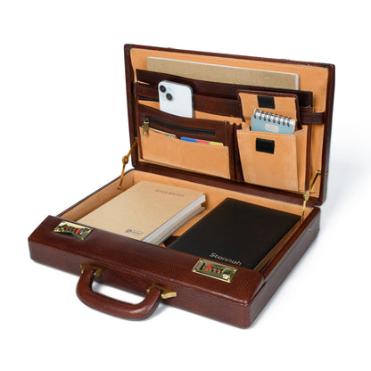 Rich brown leather hard-case briefcase with combination locks, view 3