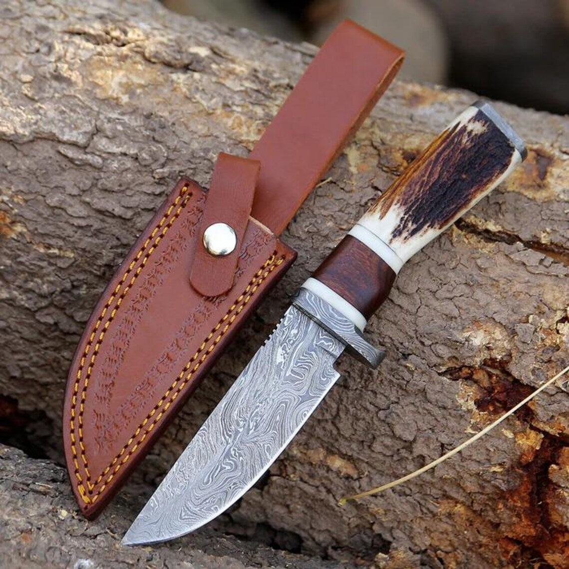 The Damascus Guard Stag Horn Hunting Knife | Texan Knives