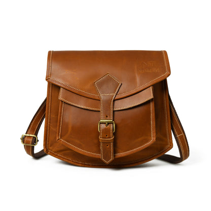 Buffalo leather saddle crossbody bag with metal buckle closure, view 2