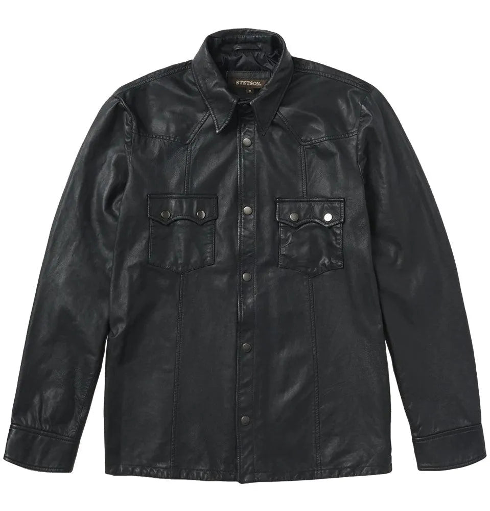 Stetson black leather Western shirt jacket with silver snaps