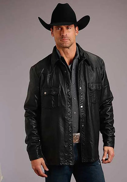 Stetson black leather Western shirt jacket with silver snaps, view 4