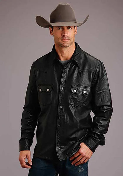 Stetson black leather Western shirt jacket with silver snaps, view 2