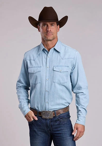 Stetson blue chambray snap Western shirt