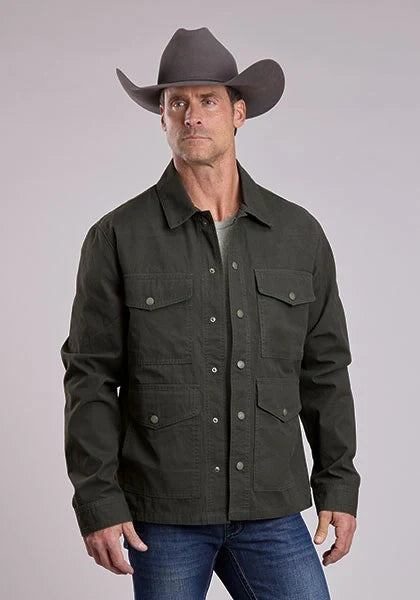 Green waxed canvas Stetson men's jacket with snap front and chest pockets