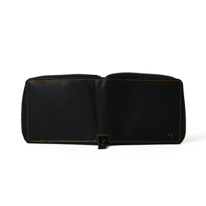 Black leather bifold wallet with zip coin pocket, view 4