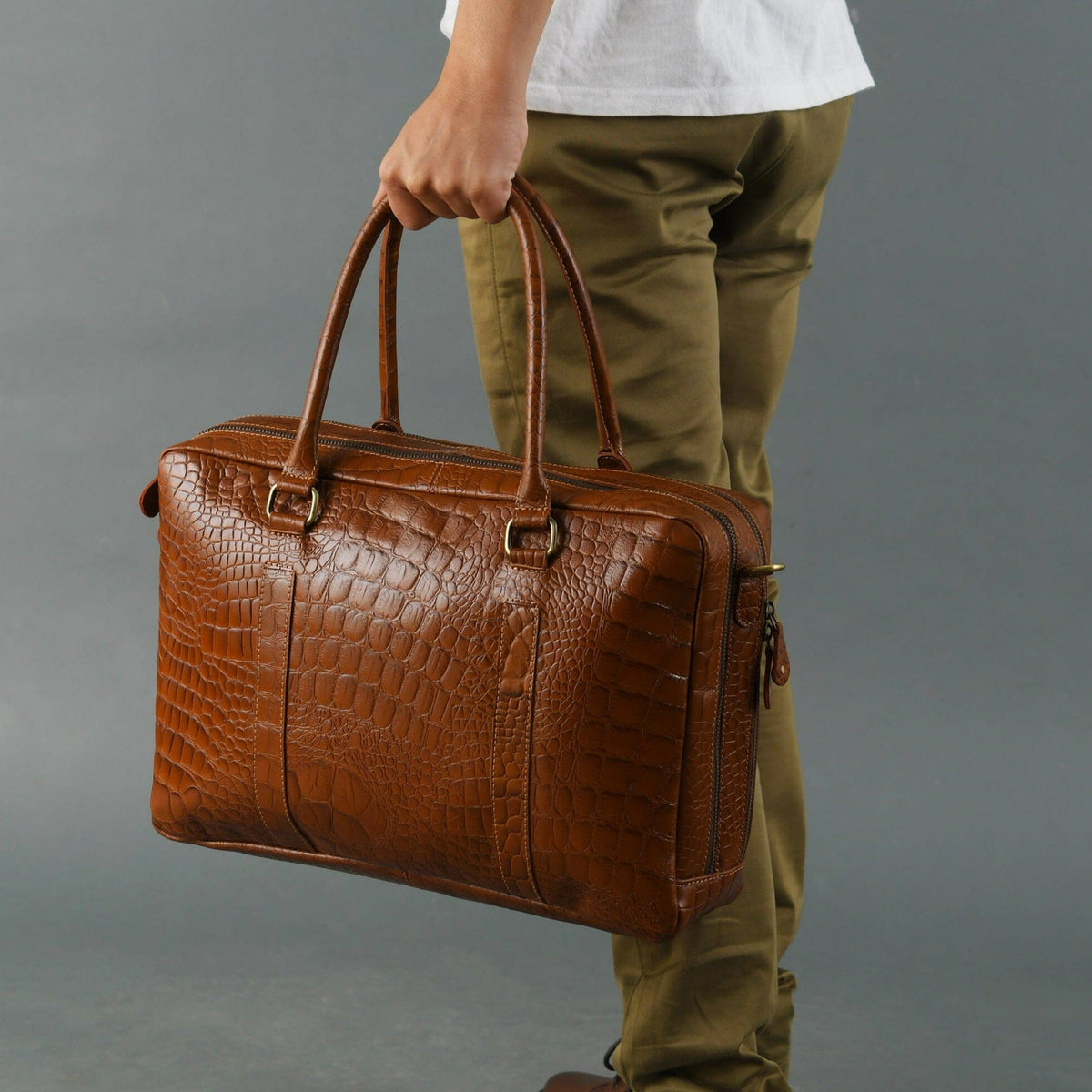 Brown crocodile-pattern buffalo leather laptop briefcase with shoulder strap, view 2