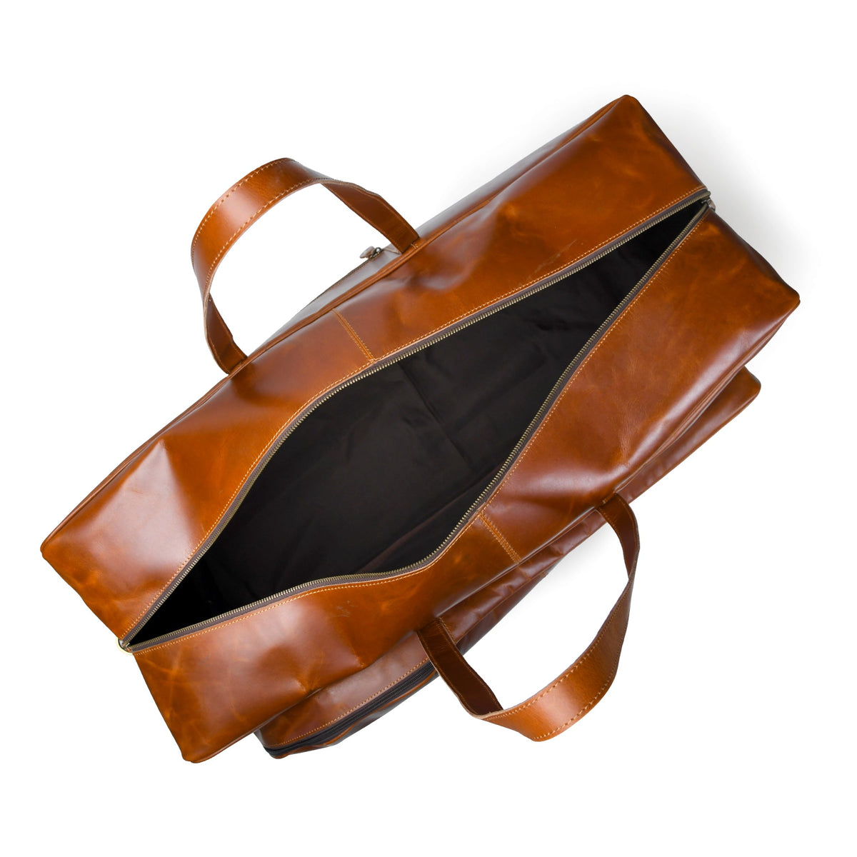 Tan buffalo leather duffle bag with top handle and shoulder strap, view 4