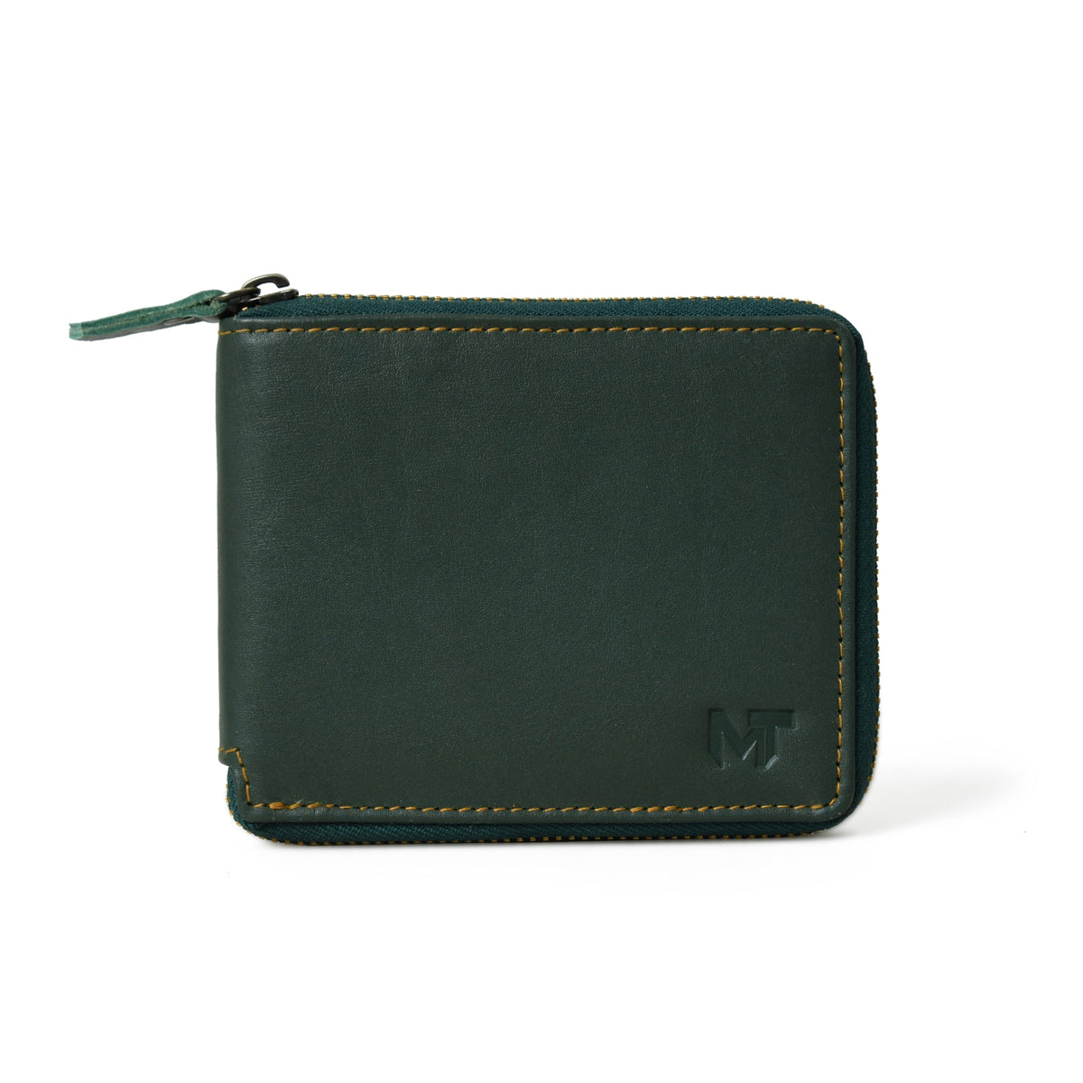 Green leather bifold wallet with zip coin pocket