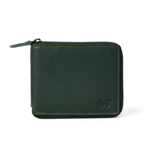 Green leather bifold wallet with zip coin pocket
