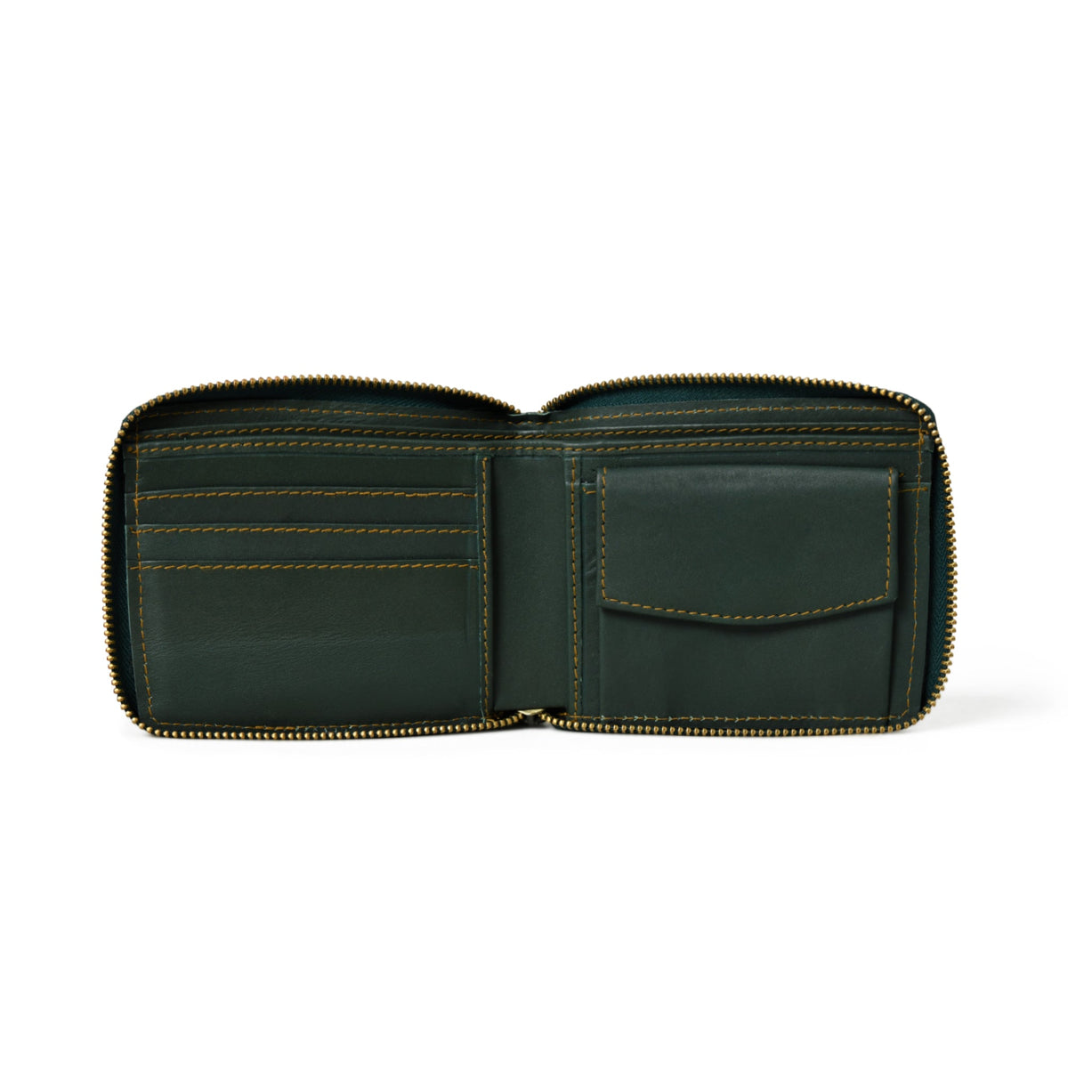 Green leather bifold wallet with zip coin pocket, view 4