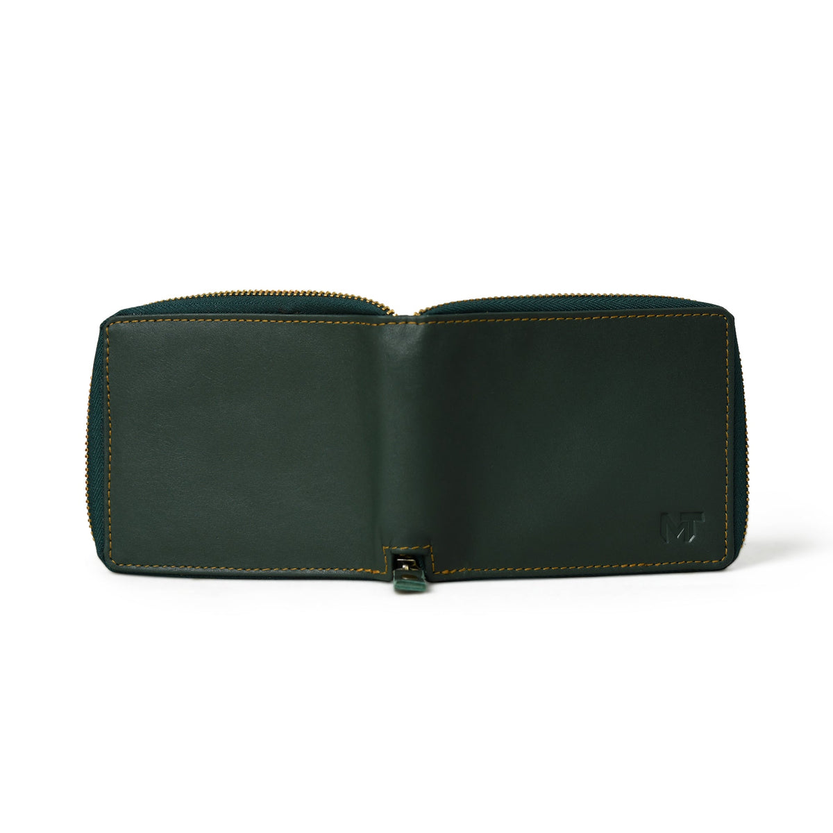 Green leather bifold wallet with zip coin pocket, view 3
