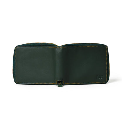 Green leather bifold wallet with zip coin pocket, view 3