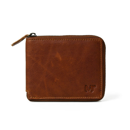 Walnut brown leather bifold wallet with zip coin pocket