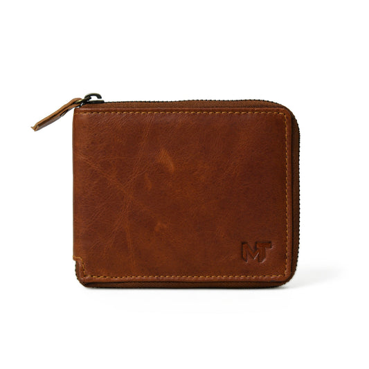 Walnut brown leather bifold wallet with zip coin pocket