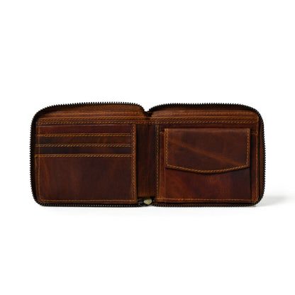 Walnut brown leather bifold wallet with zip coin pocket, view 2