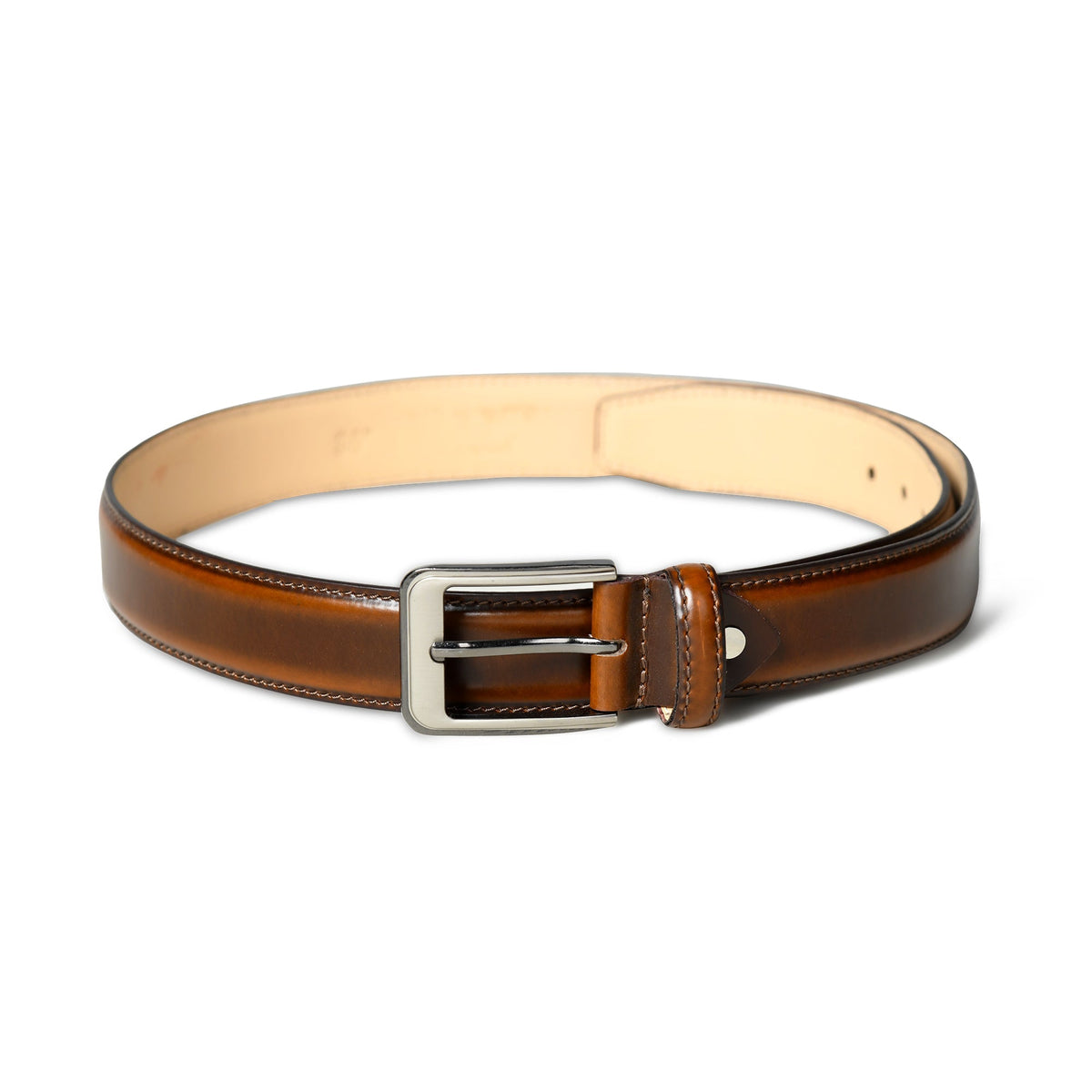 Walnut brown leather belt with stitched edges and metal buckle, view 4