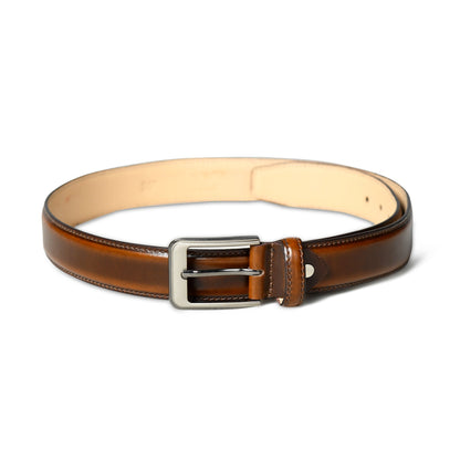 Walnut brown leather belt with stitched edges and metal buckle, view 4