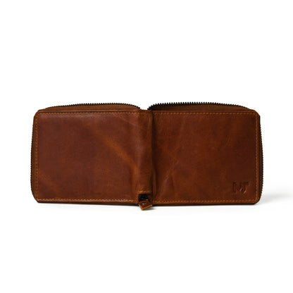 Walnut brown leather bifold wallet with zip coin pocket, view 3