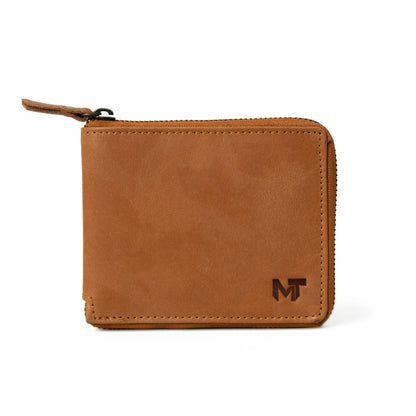 Tan brown leather bifold wallet with zip coin pocket