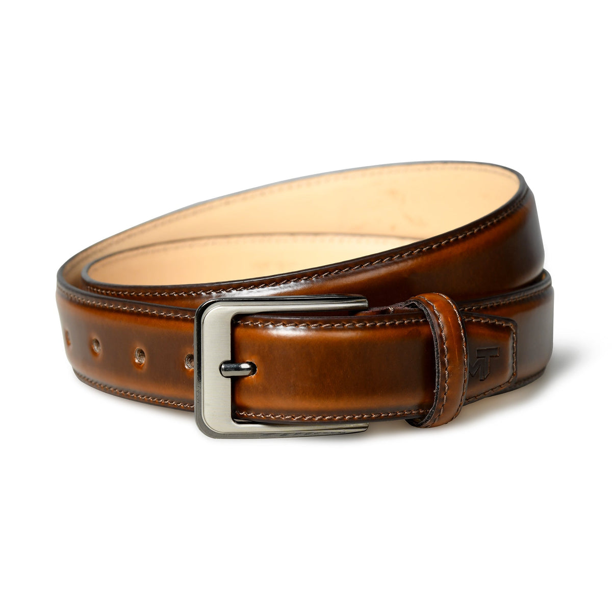 Walnut brown leather belt with stitched edges and metal buckle, view 2