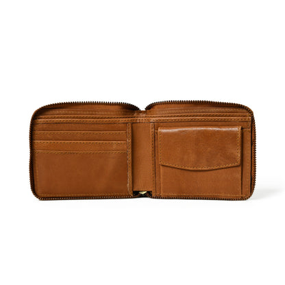 Tan brown leather bifold wallet with zip coin pocket, view 4