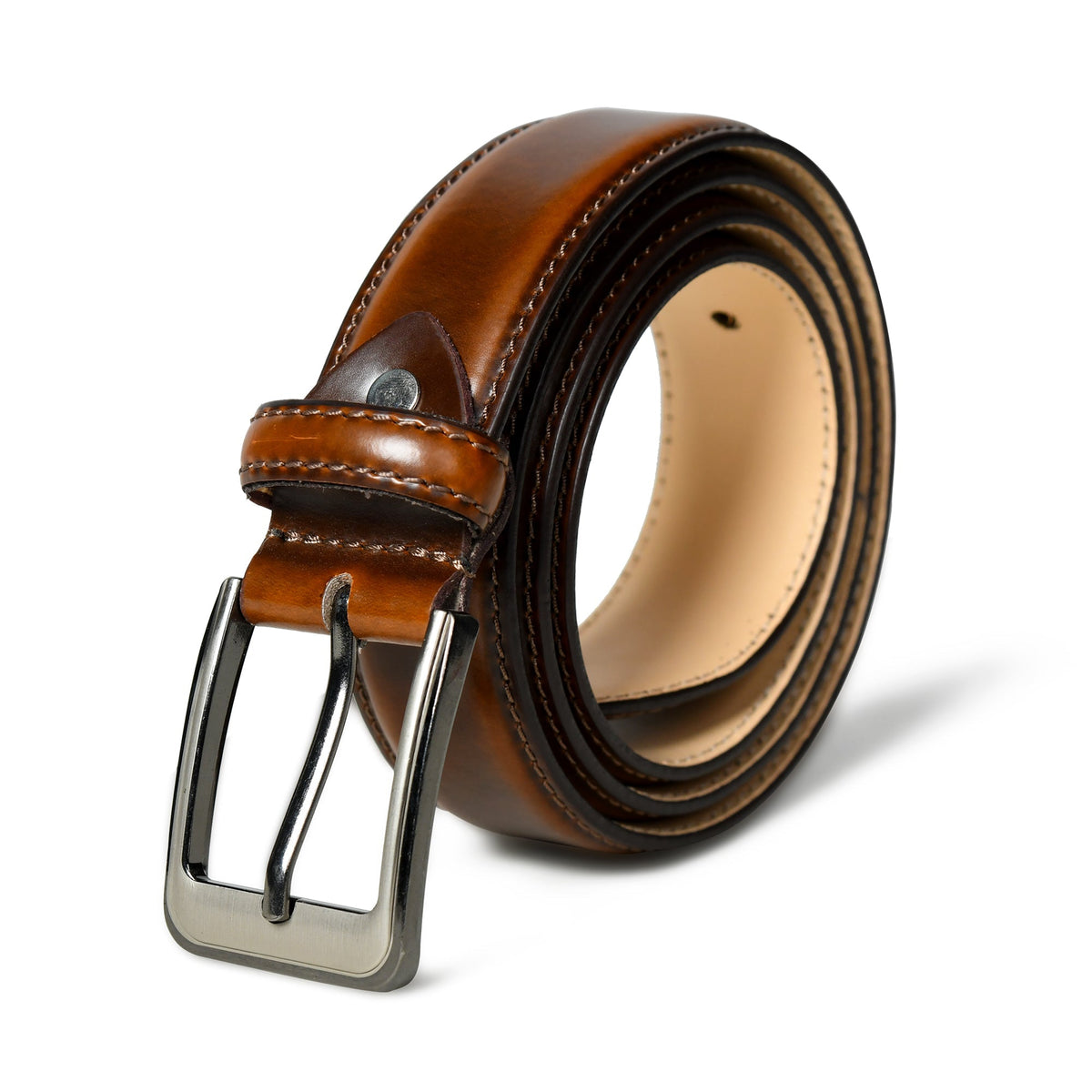 Walnut brown leather belt with stitched edges and metal buckle