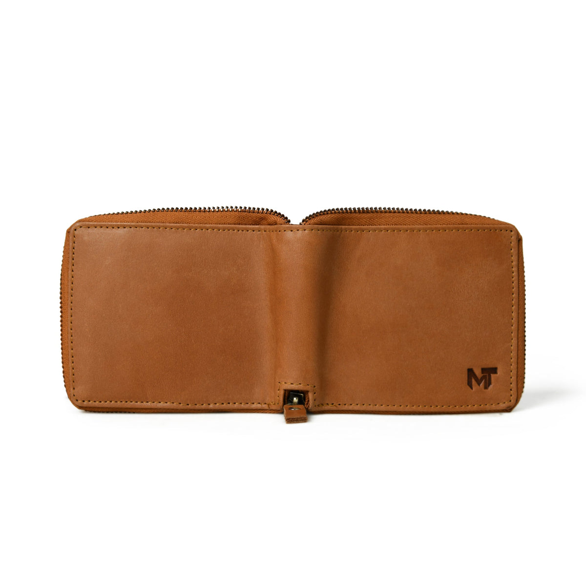 Tan brown leather bifold wallet with zip coin pocket, view 2