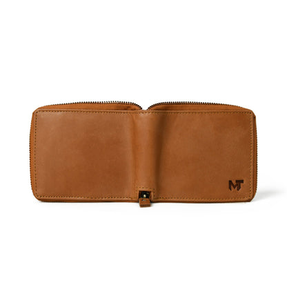 Tan brown leather bifold wallet with zip coin pocket, view 2