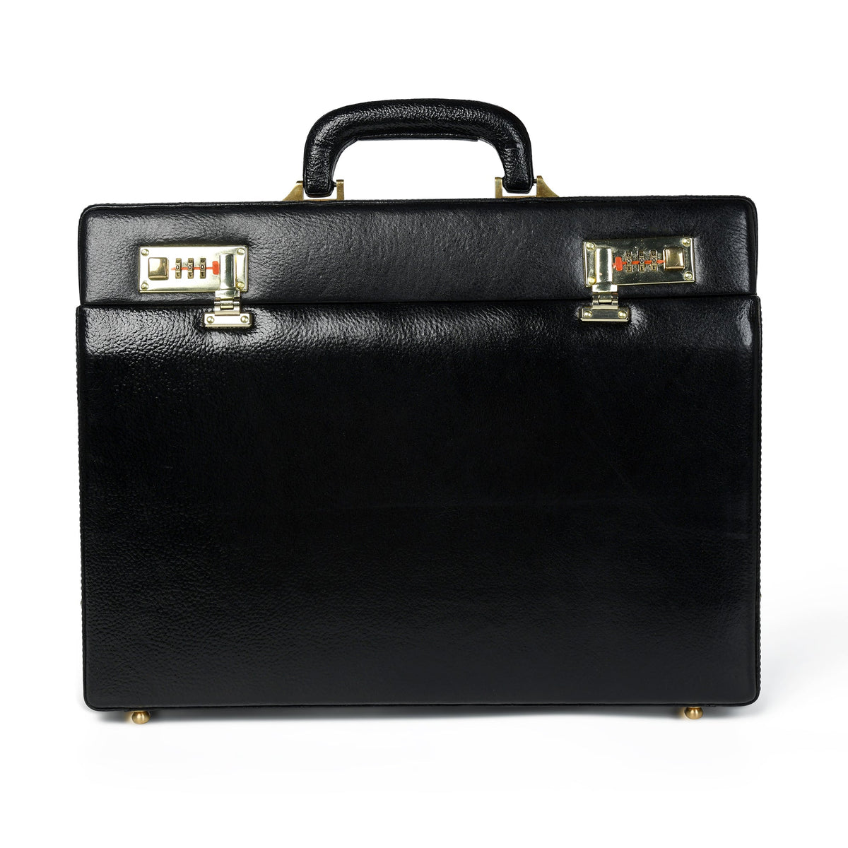 Black leather hard-case briefcase with dual combination locks