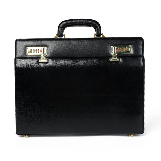 Black leather hard-case briefcase with dual combination locks