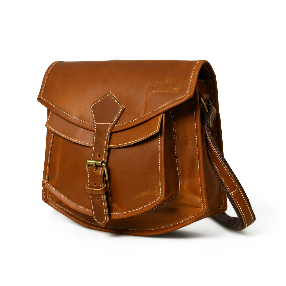 Buffalo leather saddle crossbody bag with metal buckle closure