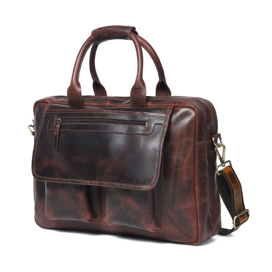 Buffalo leather pilot briefcase with top handle and front pockets