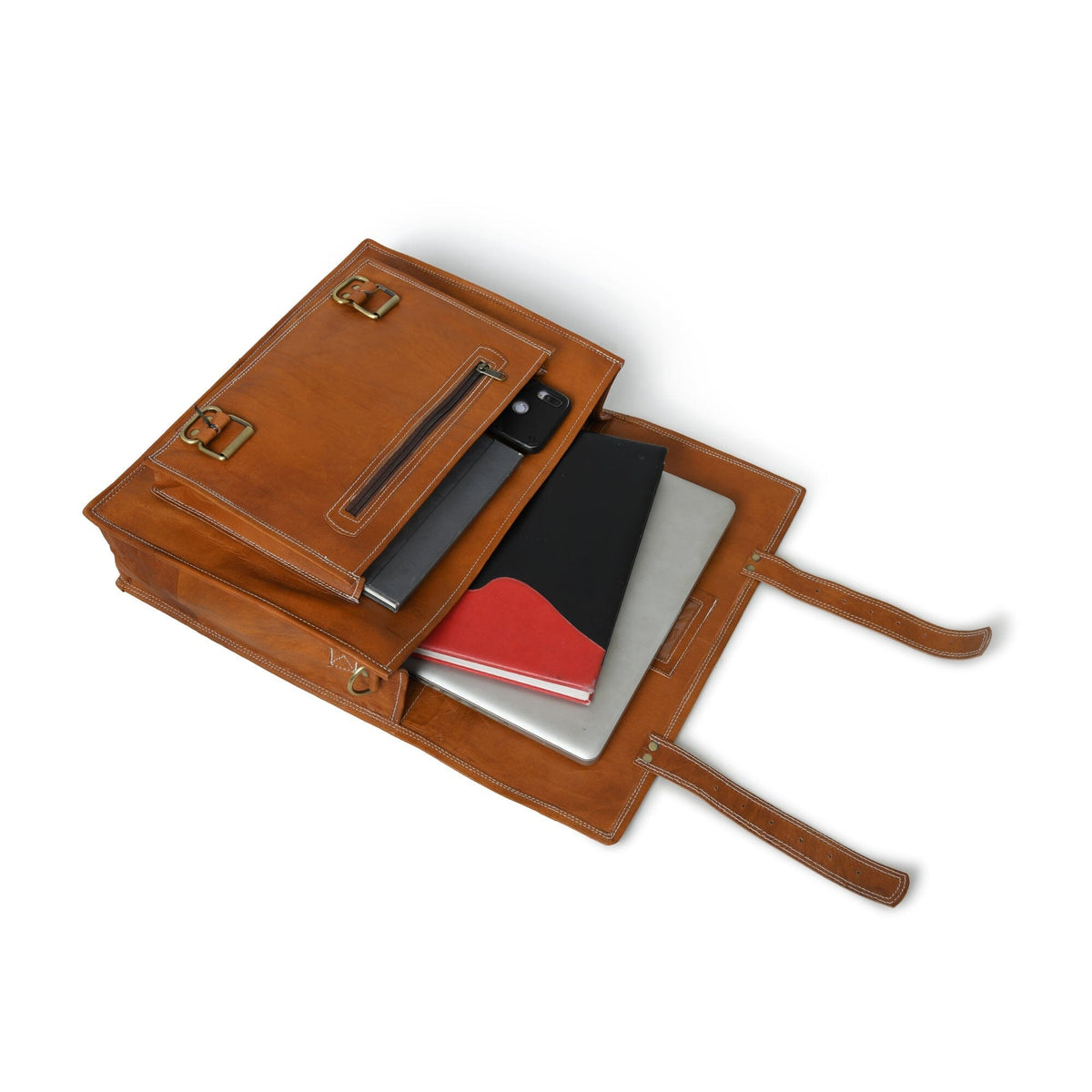 Tan brown leather messenger bag with brass buckles and large front pocket, view 4