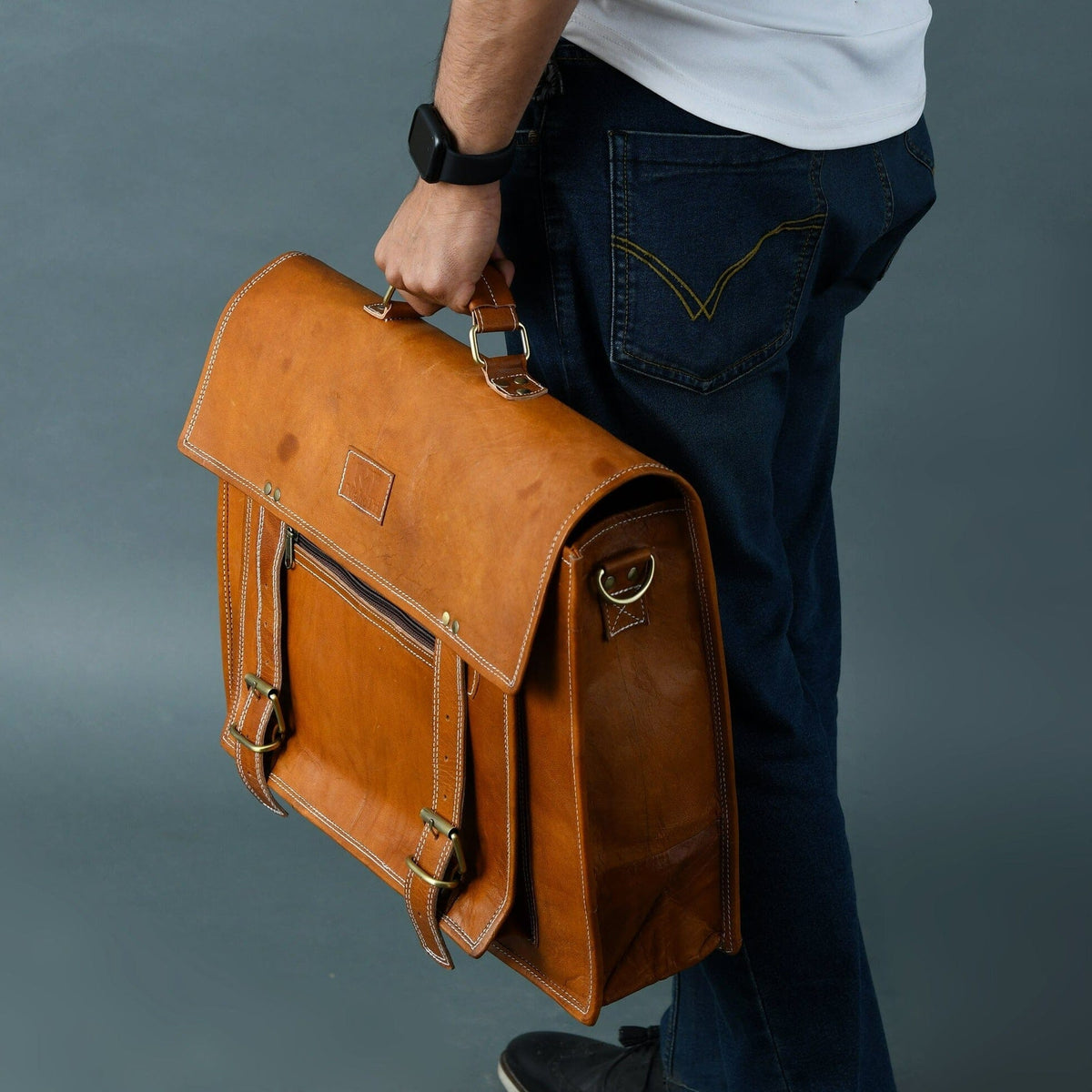 Tan Big Pocket Messenger by Classy Leather Bags, view 2