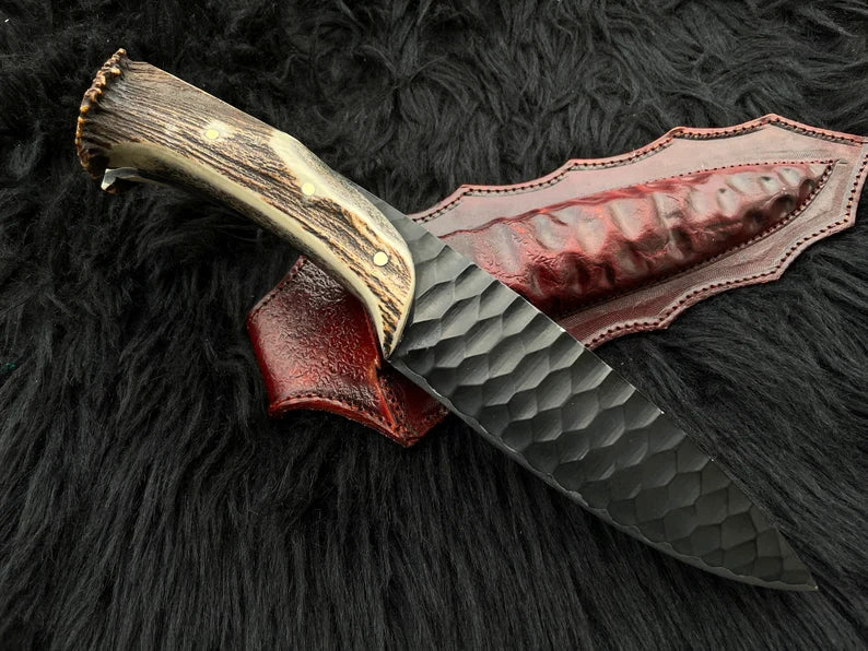 High carbon steel hunting knife with antler horn handle and handmade leather sheath