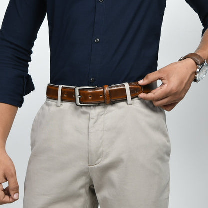 Walnut brown leather belt with stitched edges and metal buckle, view 3