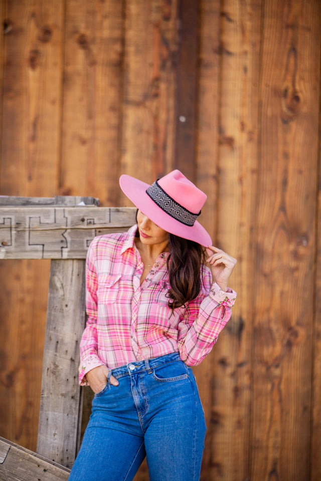 Bubble gum pink alpaca wool felt Western hat with a woven hat band, view 3